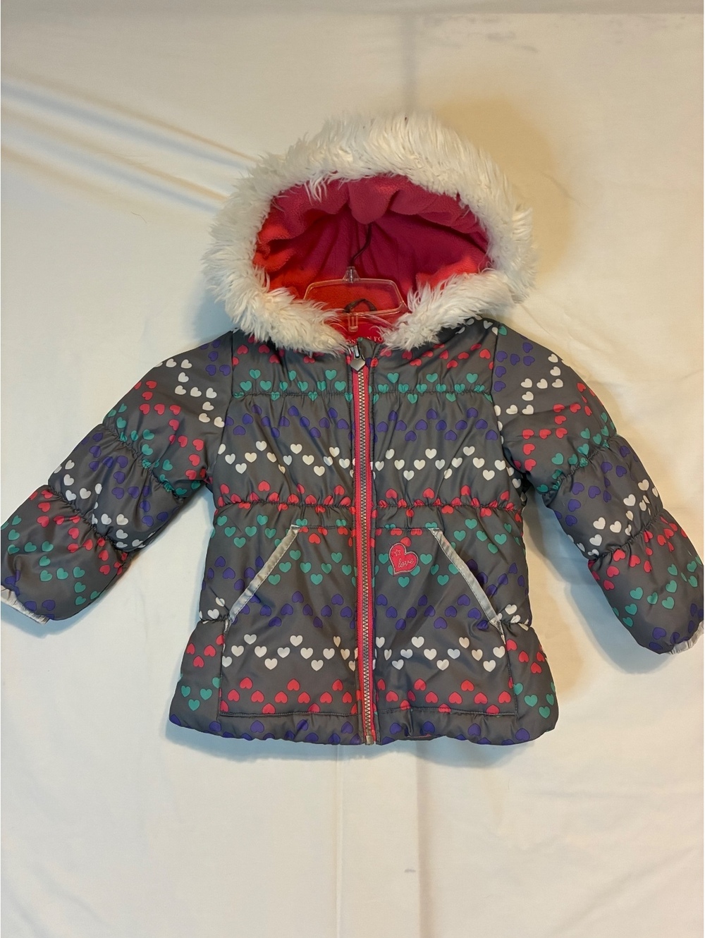 London Fog Toddler Girls Gray Heart Print Puffer  Winter Coat Faux Fur Hood 4T